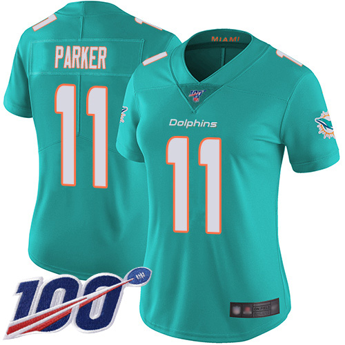 Nike Miami Dolphins #11 DeVante Parker Aqua Green Team Color Women Stitched NFL 100th Season Vapor Limited Jersey